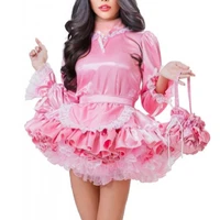 lockable maid sissy dress pink satin long sleeves multilayer lace fluffy gauze skirt tunic clothing customized