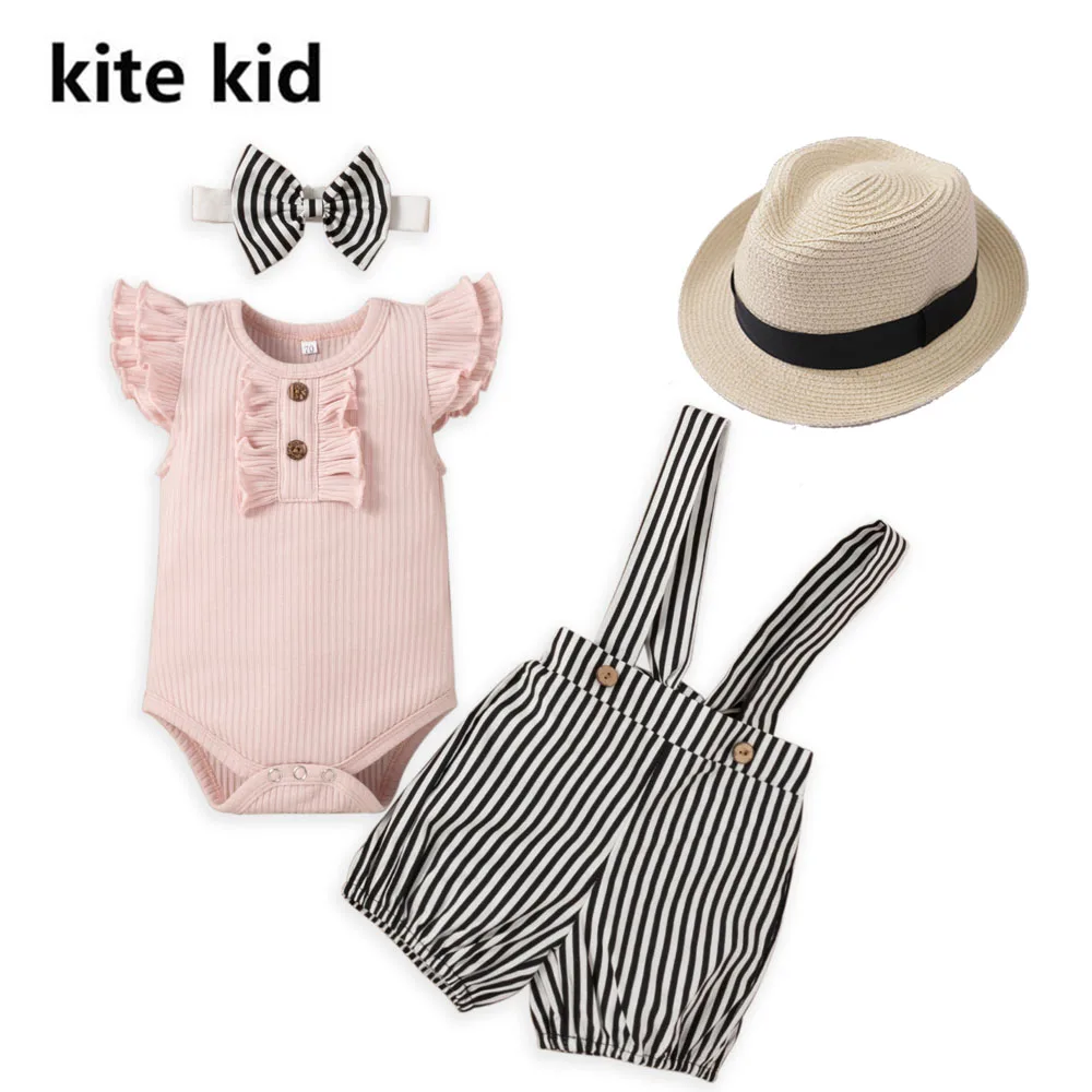 0-24M Baby Girl Clothes Fly Sleeve Romper Bodysuits Striped Suspender Pants with Jazz Hat Summer Toddler  Outfits Photoshoot