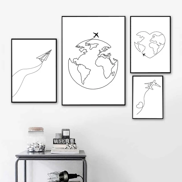 Travel Airplane Poster World Map Line Drawing Canvas Print Gallery Wall Art Pictures Modern Painting Living Room Home Decor 1