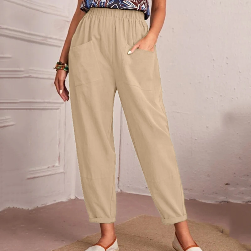 

Брюки Женские однотонные с эластичным поясом, хлопково-льняные повседневные свободные штаны с диагональными карманами, уличная одежда большого размера