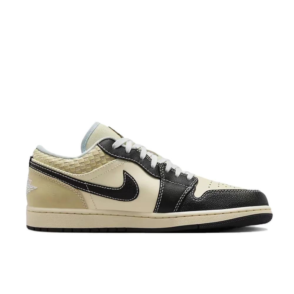 Фото Мужские баскетбольные кроссовки Jordan Air Jordan 1 Low SECO – удобные, нескользящие, низкие, цвета: кокосовое молоко/черный, бежевый/черный, артикул HQ3437-101 №2