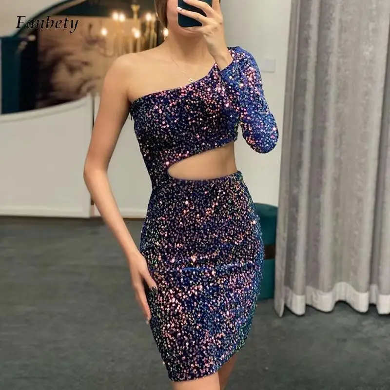 

Elegant Asymmetrical Slim Club Mini Dress Casual One Shoulder Long Sleeve Party Dress Fashion Glitter Sequin Hollow Women Dress