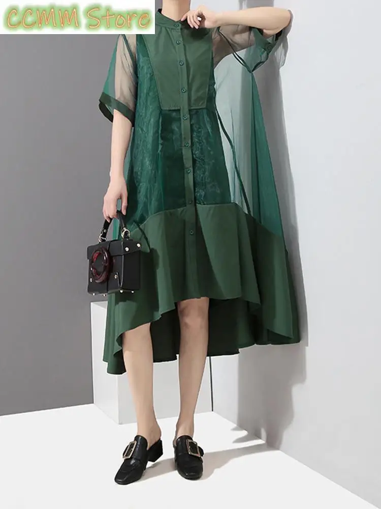 Женское платье-рубашка с воротником-стойкой зеленое асимметричное свободное