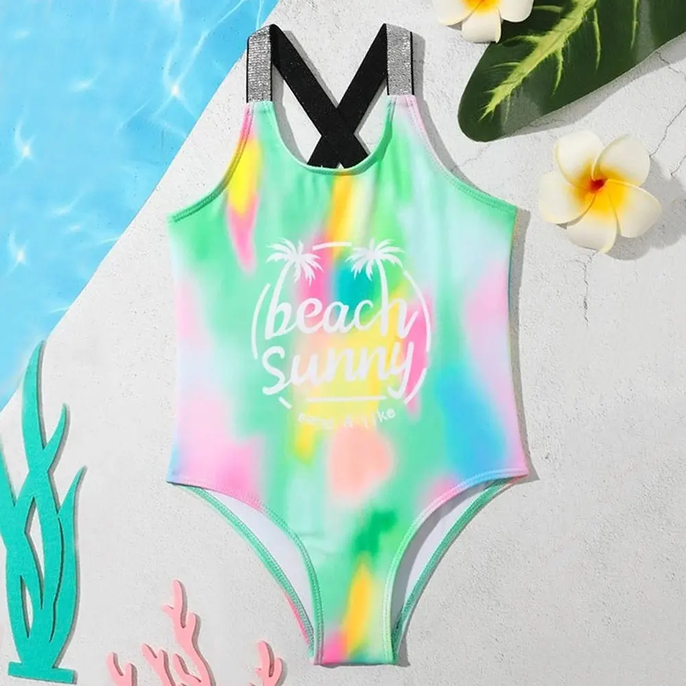 

Girl Letter&Palm Tree Print One Piece Swimsuit Kids Tape Contrast Children's Swimwear 7-14 Years Bathing Suit Monokini Beachwear