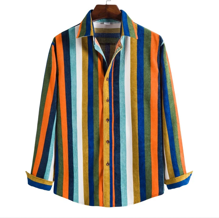 

2021 Men's New Fall Wear Long Sleeve Shirt Corduroy Color Striped Lapel Shirt