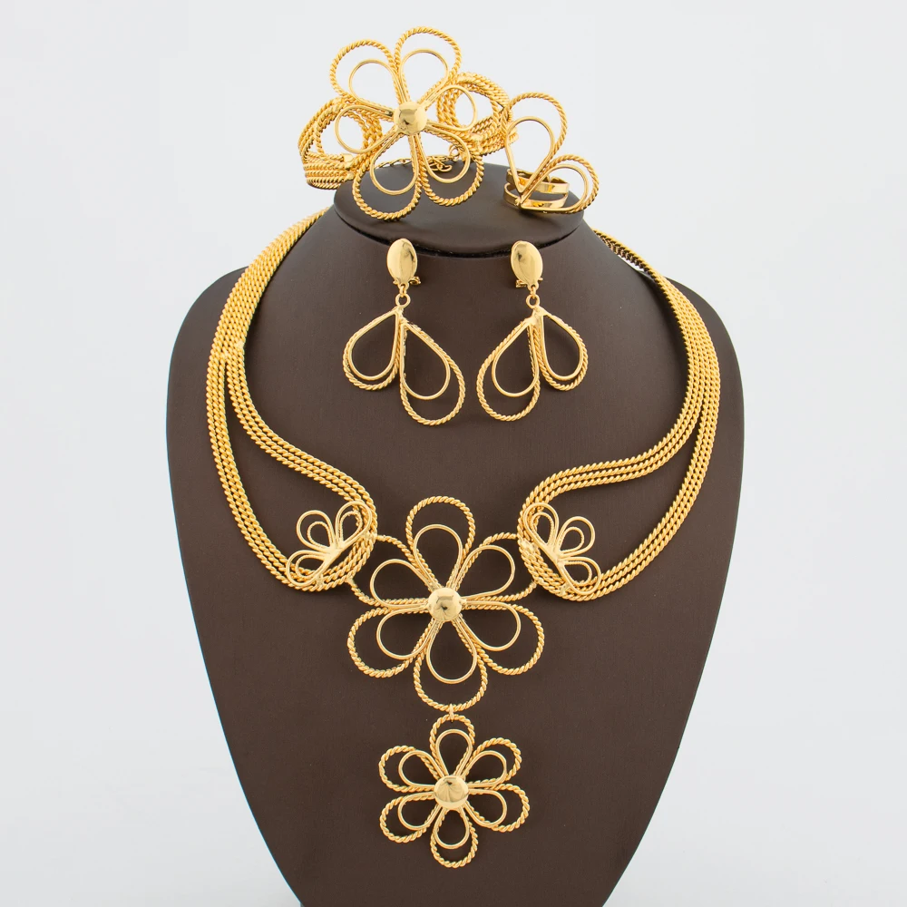

Dubai Gold Plated Jewelry Set for Ladies Elegant Luxury Flower Design Long Necklace and Earrings with Bracelet Ring Jewelry Set