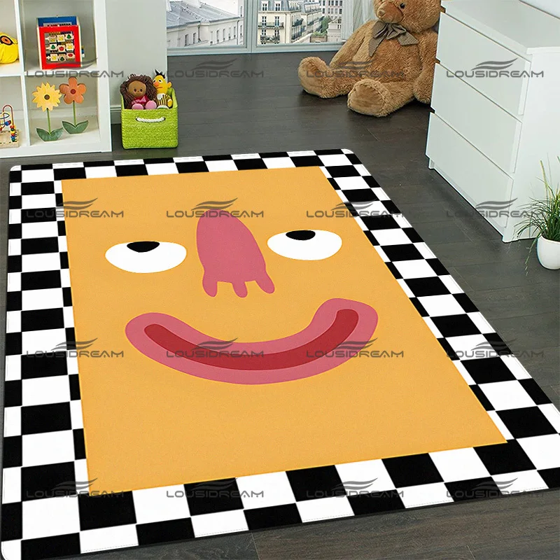 

Funny Black and White Plaid Pattern Carpet Square Flannel Funny Expression Rugs Modern Home Living Room Floor Mats Kids Capet