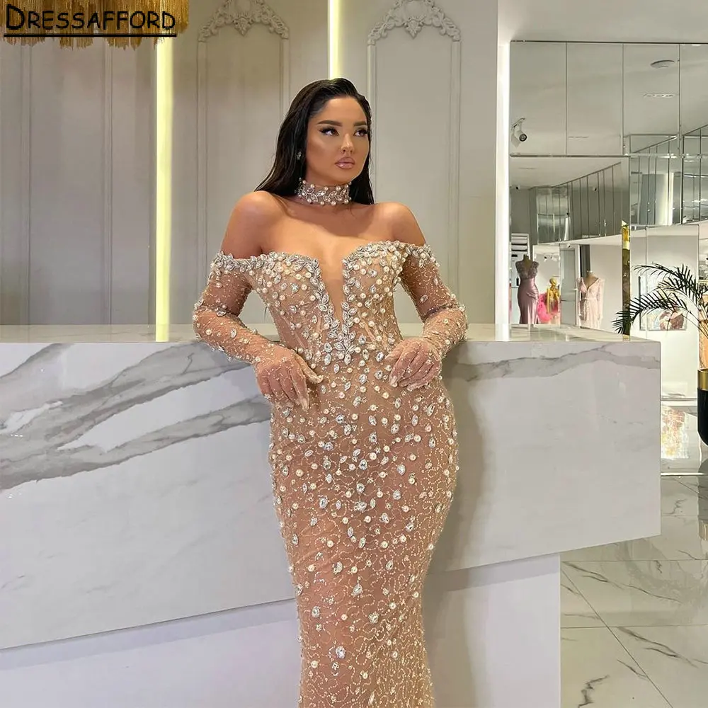 

Champagne Diamonds Beading Illusion Dubai Evening Dresses Mermaid Long Sleeve Off The Shoulder Saudi Arabic Formal Party Gown
