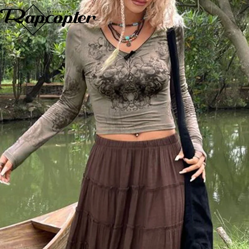 

Rapcopter y2k Printed Crop Top Now V Neck Full Sleeve Grunge Fairycore T Shirt Women Harajuku Cute Chic Tee Autumn Aesthetic New