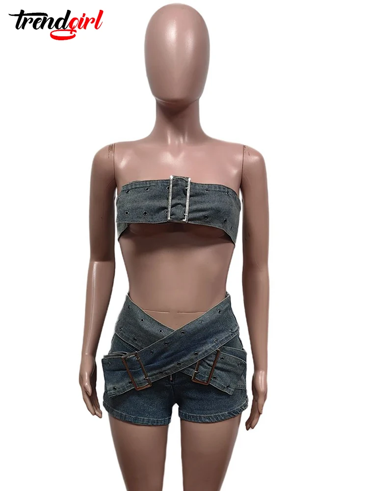 Mlaiscsr Шикарный дизайн с поясом топы и шорты на груди эластичные джинсовые