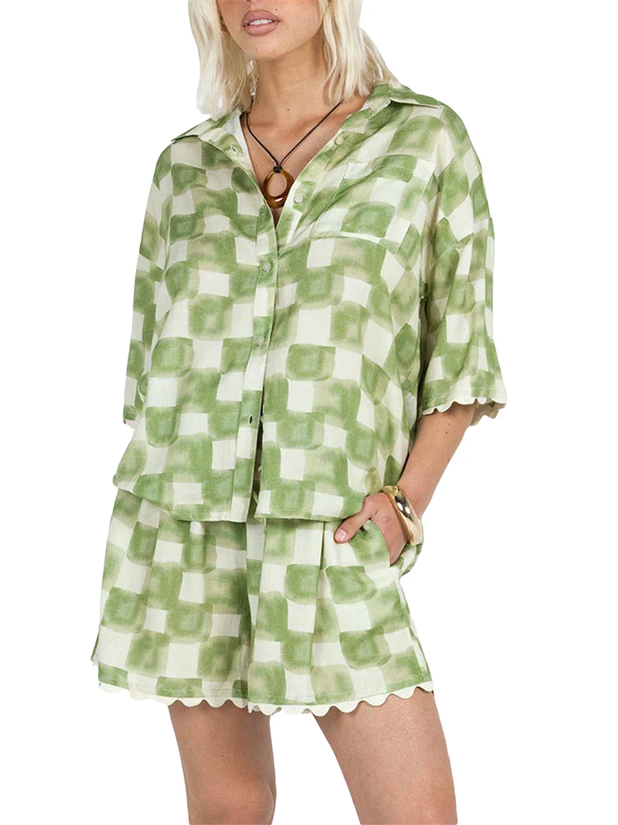 

Женский комплект из 2 предметов с шортами, клетчатая рубашка с коротким рукавом и пуговицами и Шорты, модный комплект для отдыха