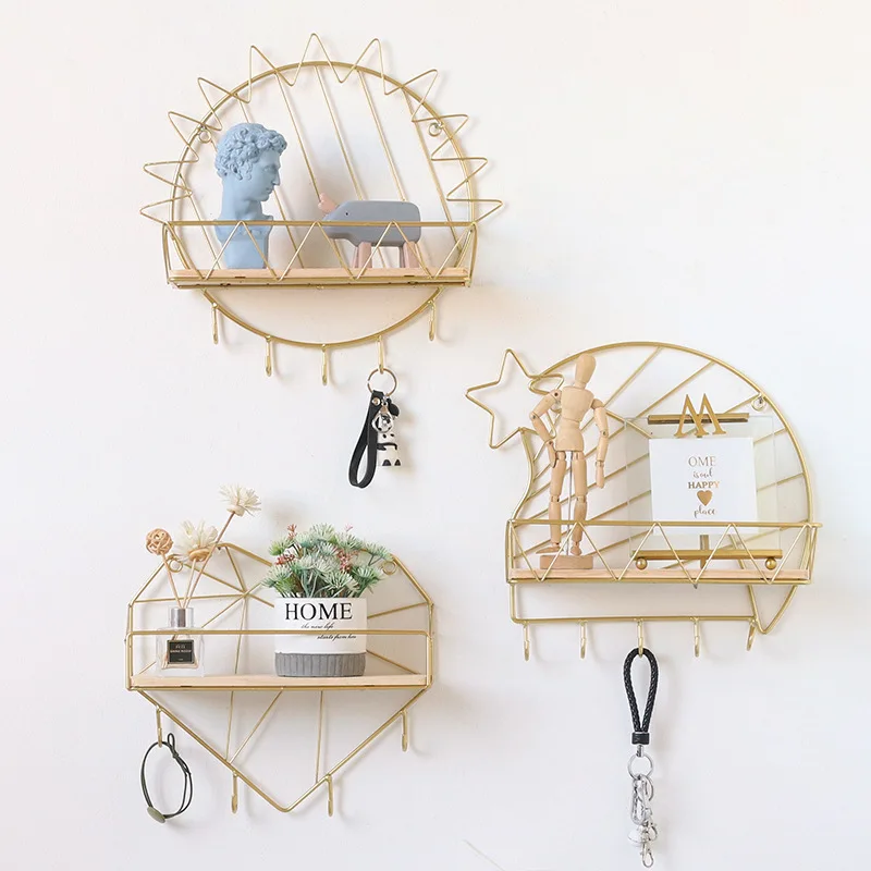 

Gold Iron And Wooden Storage Basket With Hook Nordic Key Holder Wall Hanging Hanger Home Decoration Accessories For Living Room