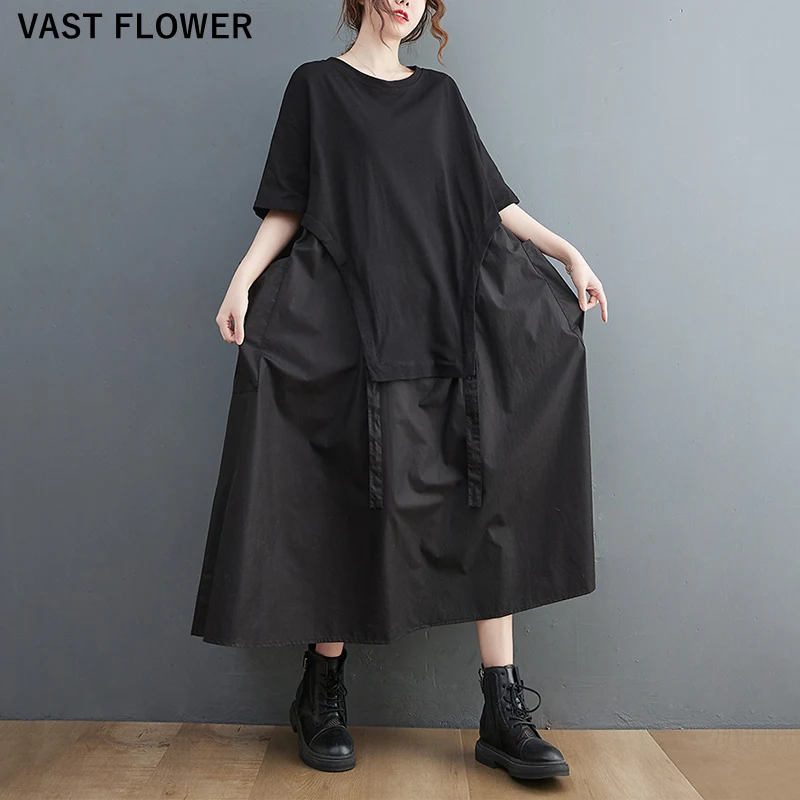 

Black Vintage Patchwork Drawstring Long Dresses For Women Summer Short Sleeve Loose Casual Dress Fashion Elegant Clothing 2022
