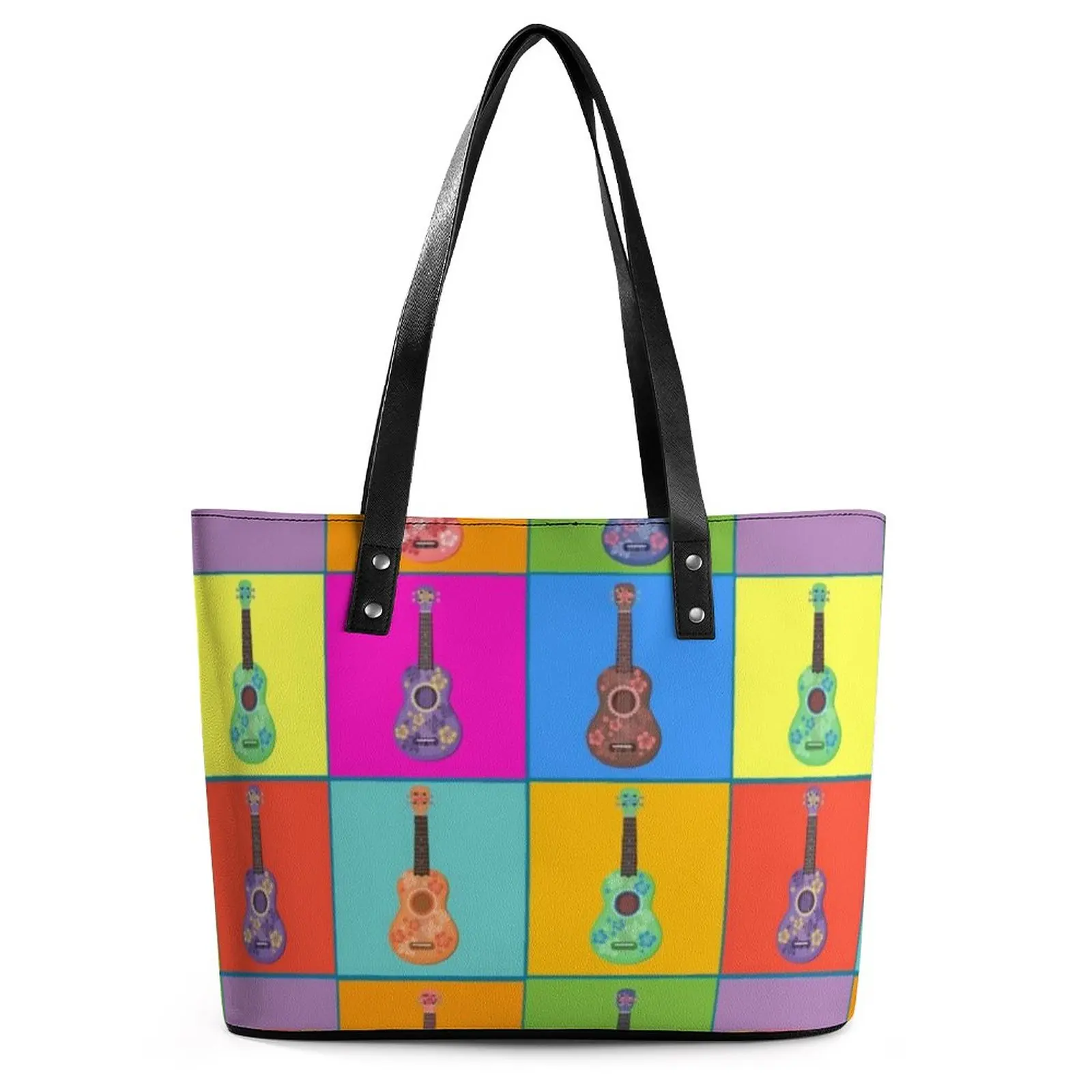 

Colorful Music Handbags Ladies Pop Ukulele Art Tote Bag Aesthetic College Shoulder Bag Ziplock Print PU Leather Hand Bags