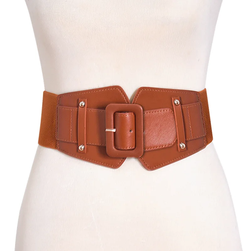 

New Fashion Elastic Wide Belt Strap Vintage Women PU Leather Buckle Elastic Wide Belt Strap Solid Color Waistband