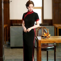 nvnang chinese cheongsam new spring and autumn black cheongsam chinese style short sleeved banquet dress with stand collar