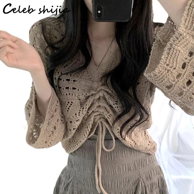 

Chic Knitted Tops Women 2022 Pullover Khaki Drawstring V Neck Jumper Female Korean Fashion Long-sleeve Hollow Out Sweater Woolen