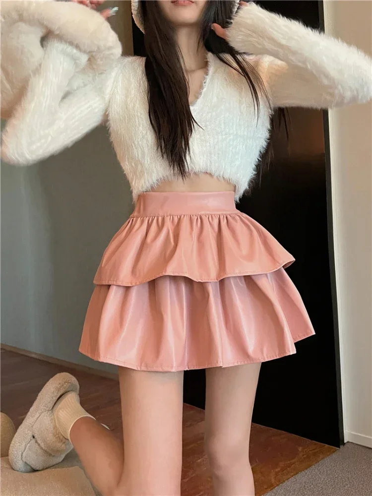 gaga seksowne spódnice damskie PU skóra wysokiej talii solidna jesienno-zimowa Moto Biker Ruffles bufiasta warstwowa podkoszulek damska mini