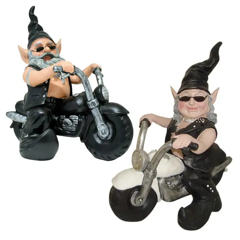 

Dude & Babe" the Biker Gnome in Leather Motorcycle Gear Riding Black and White Hogs Large Outdoor Garden Statue 12"H