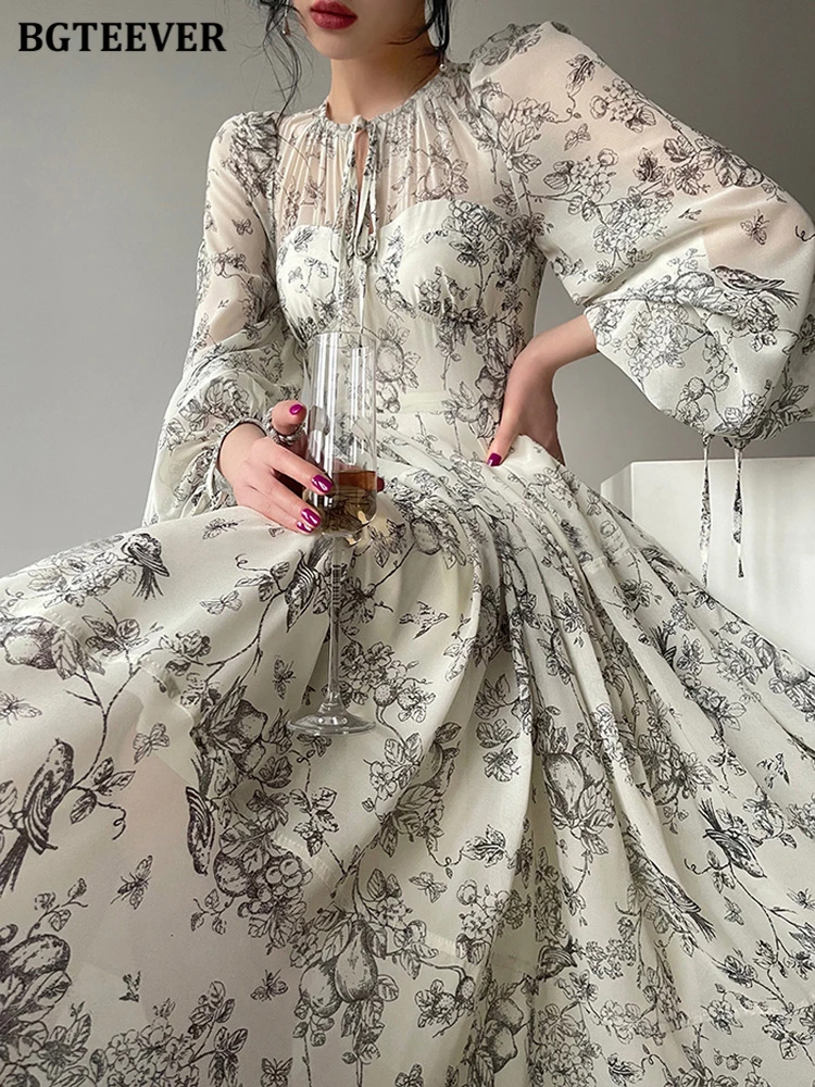 

BGTEEVER Elegant Puffle Sleeve Floral Printed Dress Women Spring Summer O-neck Lace-up Slim Waist Ladies Chiffon A-line Dress