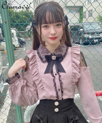 Japanese Style Black Pink Lace Hollow Out Long Sleeve Shirt 2023 Spring New Sweet Girlish Blouses Student Kawaii All-Match Tops