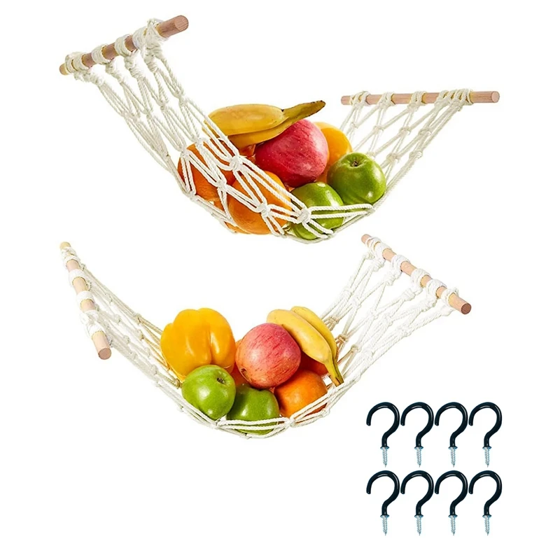 

2 шт. подвесной гамак для фруктов-гамак для фруктов макраме с деревянным стержнем и крючками-гамак для фруктов для кухни под шкаф