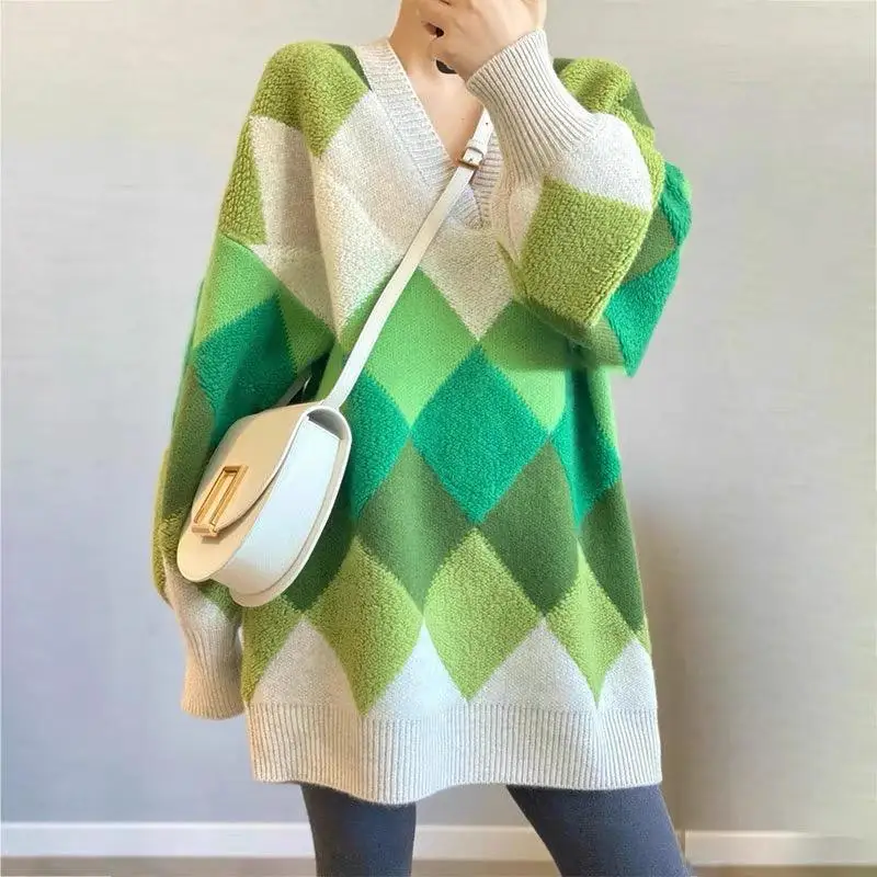 

New Autumn Winter Diamond Lattice Wind Color Matching Sweater Women's New V Neck Long Sleeve Knit Pullover Tops