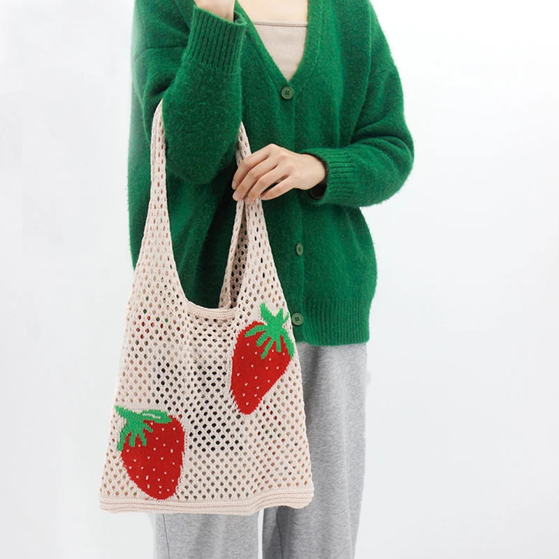 

Women's Shoulder Bags Designer Beach Totes Knitted Vest Strawberry Pattern Crochet Bag Large Capacity Female Casual Big Shopper