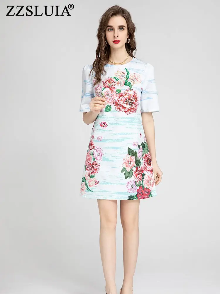 

ZZSLUIA Elegant Dresses For Women Diamonds Beading Designer Printed Slim Summer Dress Fashion Vintage One Piece Female Clothing
