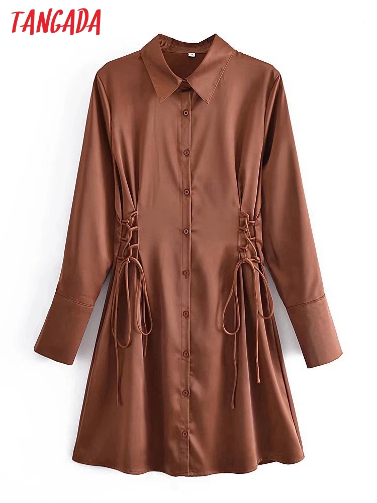 

Tangada 2021 Fashion Women Side Lace Up Dress Vintage Long Sleeve Office Ladies Mini Dress 5D204