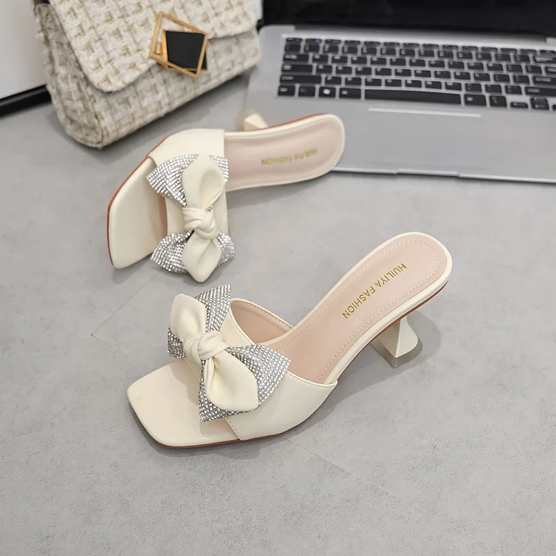 

Slippers Women Summer Slides Butterfly-Knot Shoes Square Toe Thin Heels Heeled Mules Fashion 2022 High Luxury Rubbe
