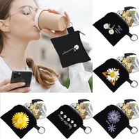 2022 womens wallet card holder organizer daisy pattern print collection ring buckle zipper black canvas earbuds key coin purse