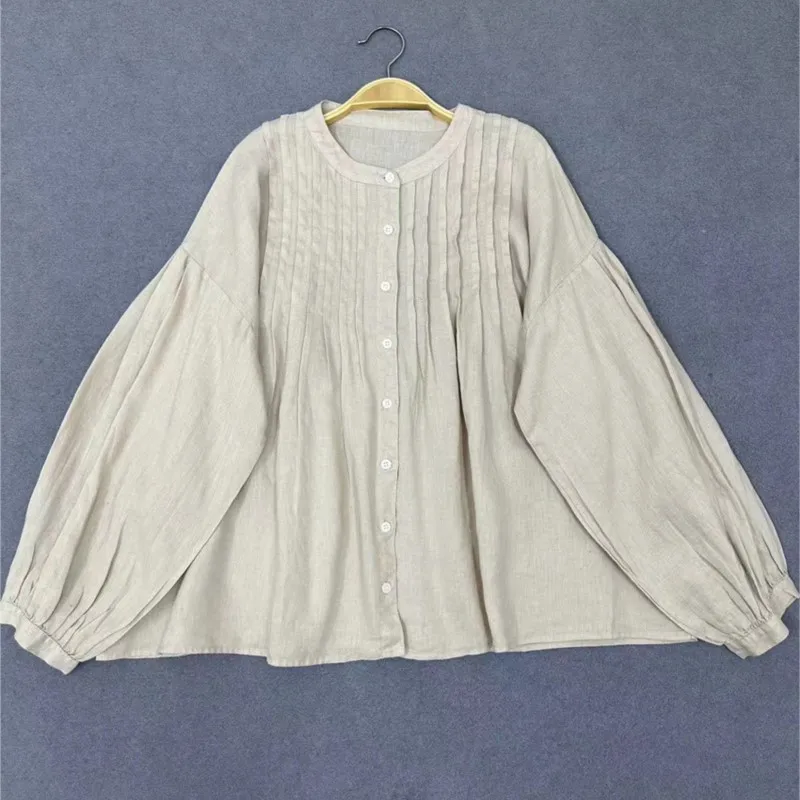 Johnature осень 2024 новая женская японская льняная рубашка с круглым вырезом