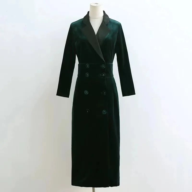 

Осенне-зимнее бархатное длинное платье в стиле тик для женщин с отложным воротником и длинным рукавом двубортное приталенное темно-зеленое зимнее пальто Новинка