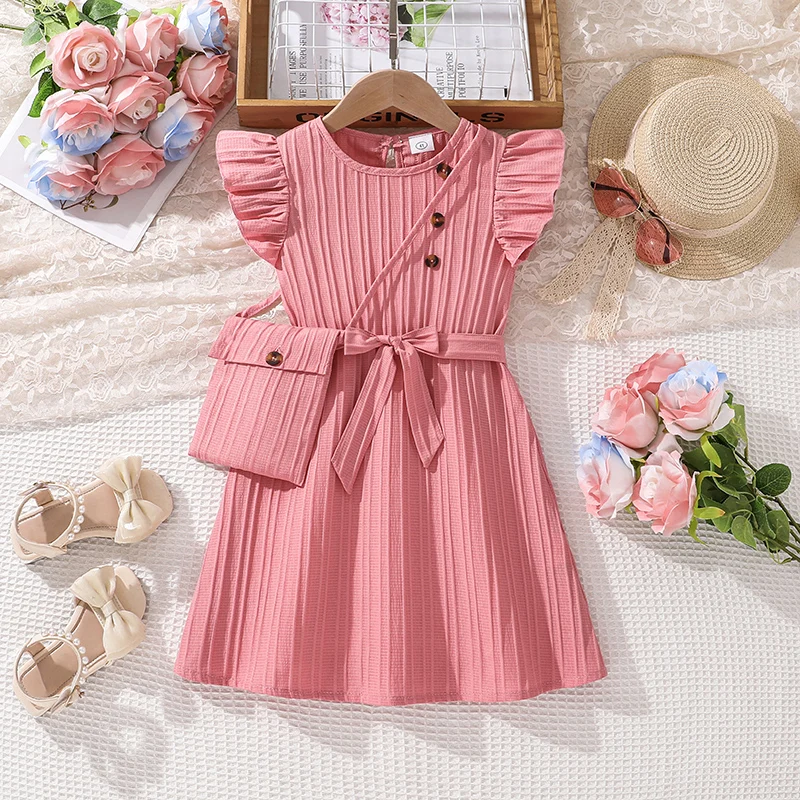 Розовое Милое Платье Трапециевидной Формы Для Девочек 4–7 Лет С Круглым Вырезом