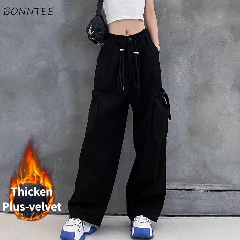 

Wide Leg Elastic Waist Casual Pants Women Full-length Loose S-4XL Thicken Plus-velvet Warm Winter Student Trendy Chic
