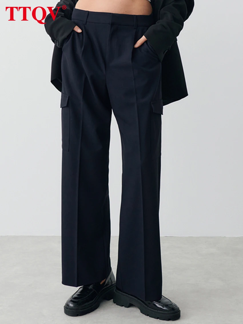 

Элегантные Синие прямые женские брюки TTQV осень 2023 женские брюки до щиколотки с высокой талией модные однотонные простые офисные брюки