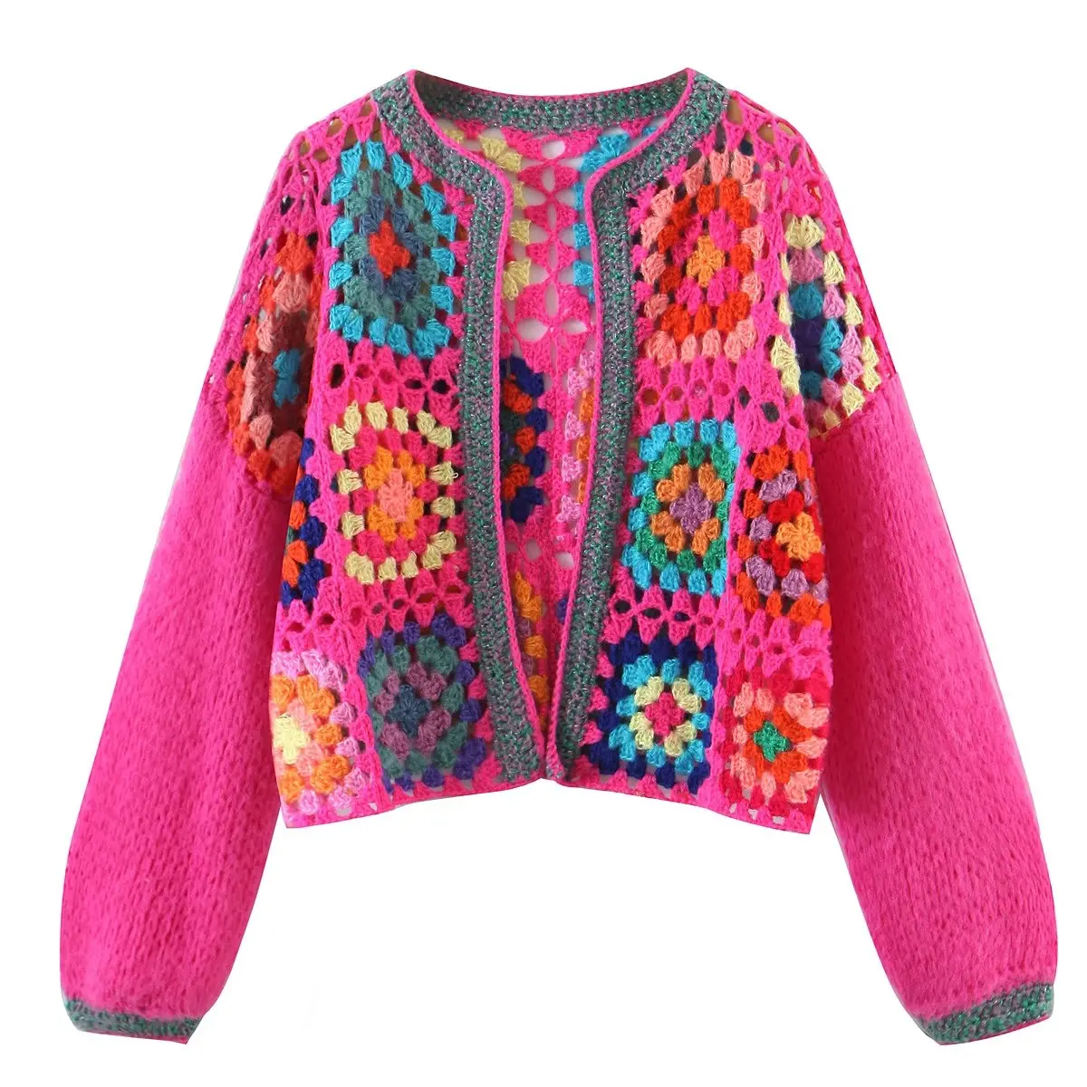 

2022 Women Fashion All Handmade Cardigan Sweater Flowers Checkered Knitted Female Outerwear Chic Tops