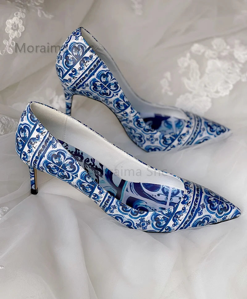 Blue and White Porcelain Printed High Heels Women Pupms Pointed Toe Stiletto Single Shoes Banquet Temperament Women's Shoes