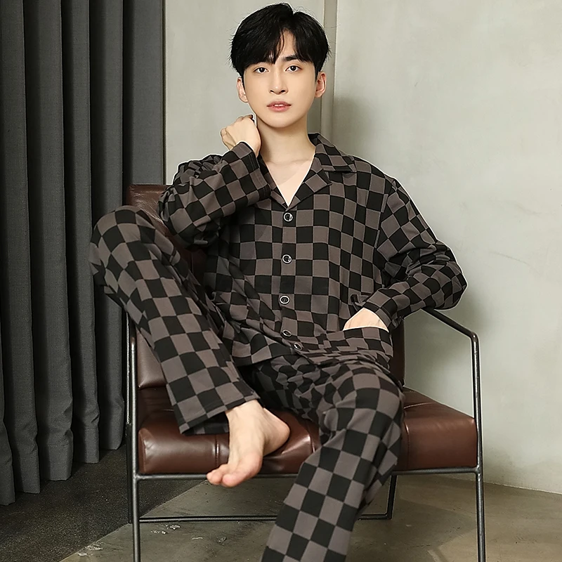 QUHENG Men's Pajama Sets Autumn Winter Man Pajamas Set Simple Sleepwear Long Sleeve Cotton Pajamas Men Leisure Home Clothing