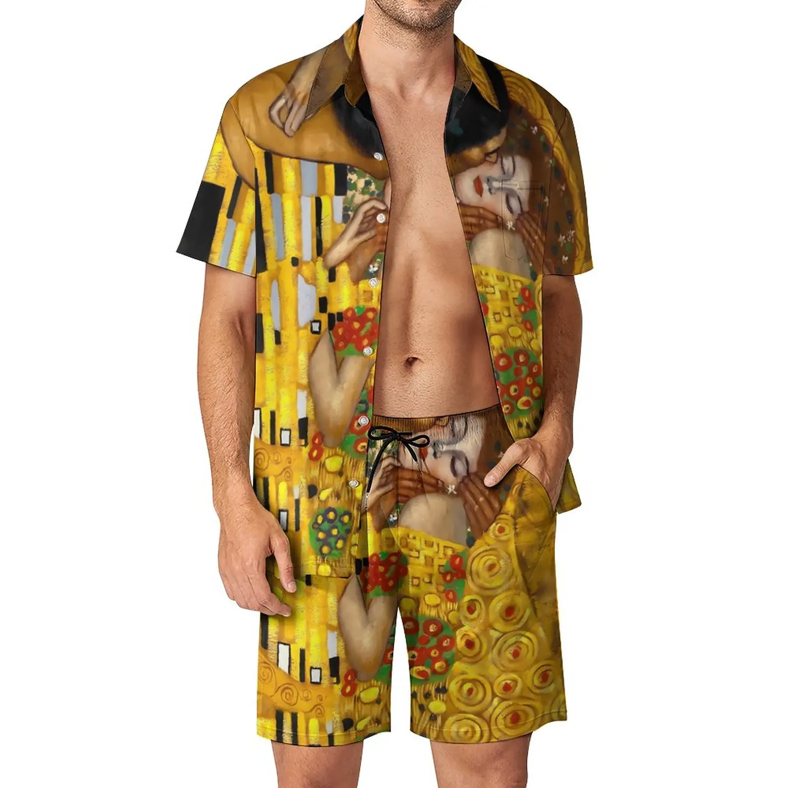 

Gustav Klimt Men Sets The Kiss Art Fashion Casual Shirt Set Short Sleeve Custom Shorts Summer Vacation Suit Big Size 2XL 3XL