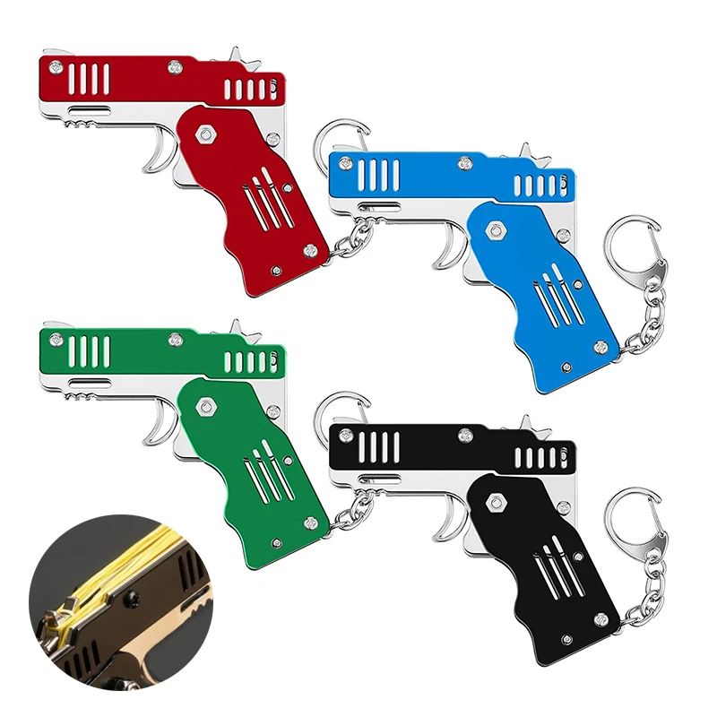 

1Pcs Metal Toy Gun Mini Folding Rubber Band Toy Outdoor Sports Keychain Toy 6 Bursts Rubber Toy Gun Funny Party Gift for Kid Gam