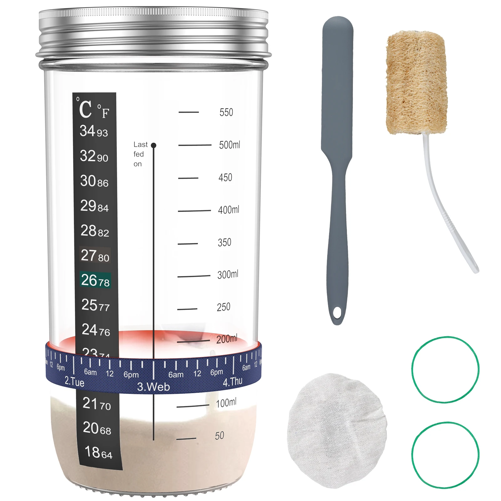 

Sourdough Starter Jar Kit with Scale Thermometer 730ml Heat Resistant Sourdough Starter Container with Metal Lid Reusable Wide