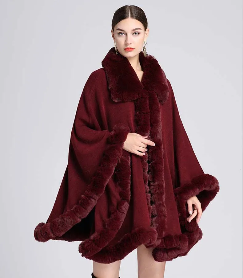 

M GIRLS Loose Elegant Faux Rex Rabbit Fur Coat Cape Cloak Fall Winter Women Knit Overcoat Lapel Poncho Mantle Big Size Outwear