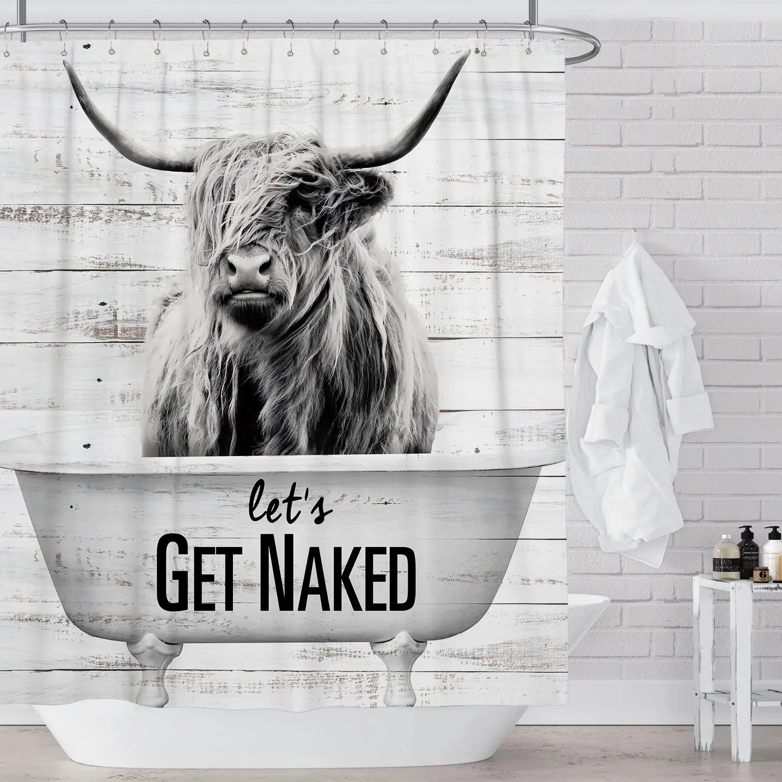Get Naked Cow Shower Curtain Funny Rustic Wooden Farmhouse Highland Bull Western Animal Portrait Waterproof Bathroom Decor Set