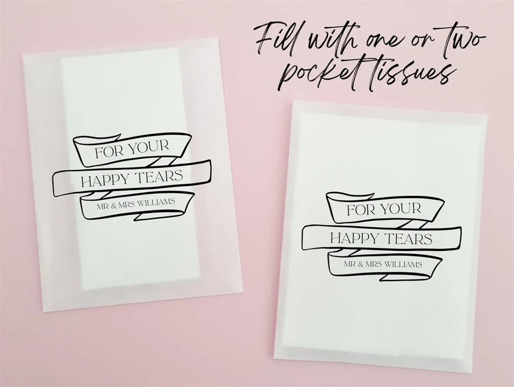 Happy Tears Wedding Tissues Packets 100% Biodegradable Glassine - Empty Tissue Bag Personalised Confetti Favours