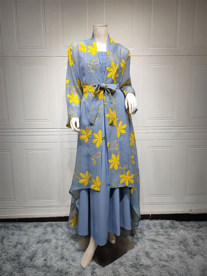 Elegant Casual Women's Dresses Abayas For Women Muslim 2 Pieces Set Mesh Floral Embroidery Lace Belted Kaftan Dress Moroccan