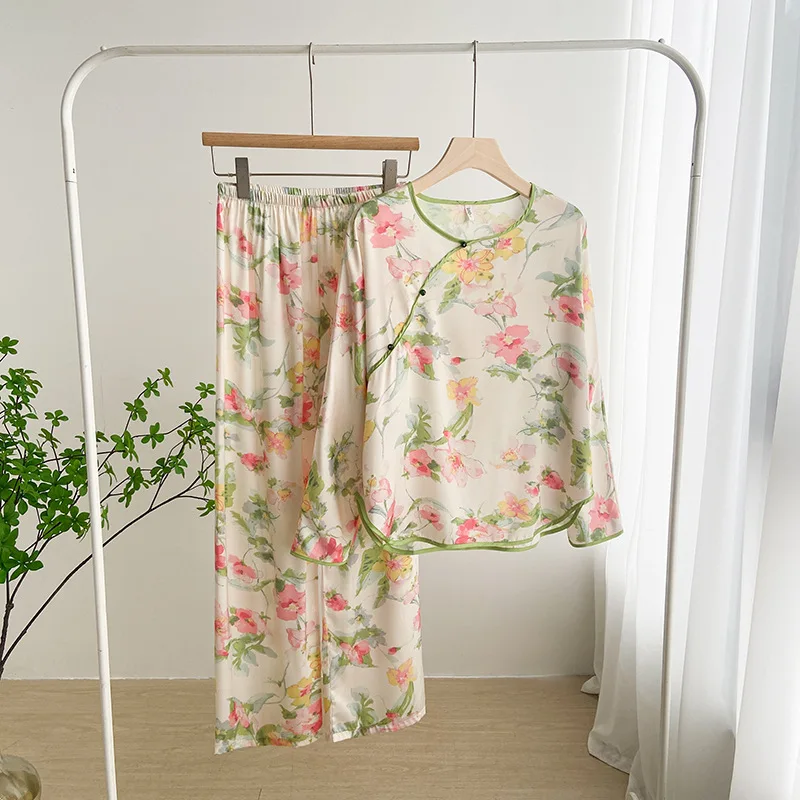 

Traditional Chinese Style Pajamas for Women Cute Floral Print Long Sleeve Sleepwear Pyjamas Ladies Summer Home Suit Outfits 2023