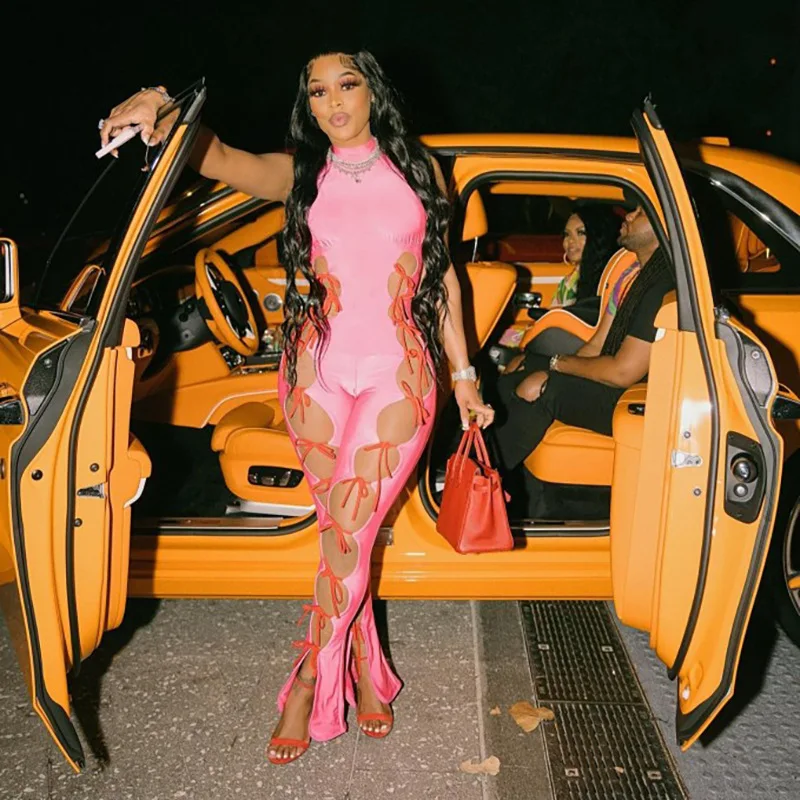 

Elegant Pink Jumpsuit Women Summer Sexy Cut Out Lace Up Halter Sleeveless Slit Pants Skinny Club Party Romper One Piece Outfits