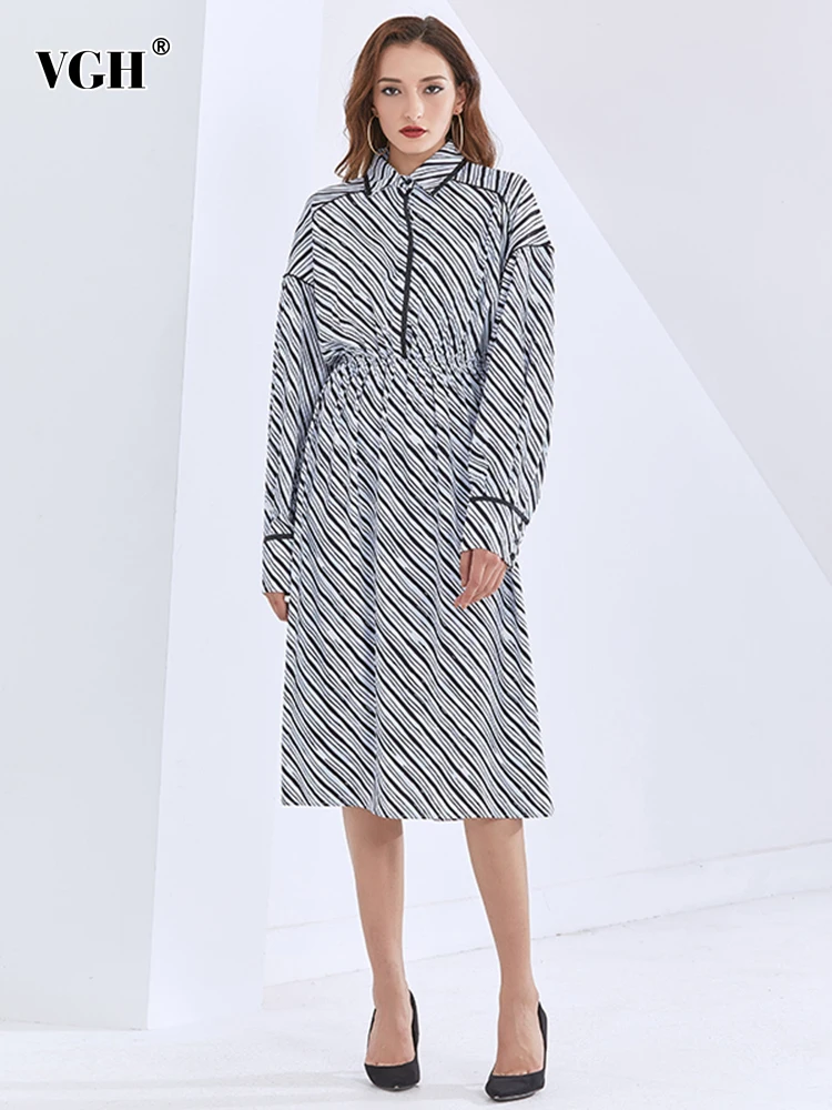 

VGH Striped Temperament Dresses For Women Lapel Lantern Sleeve High Waist Mid Elegant Dress Female Summer Fashion Clothing New